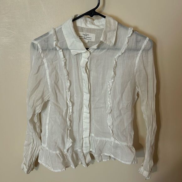 Trovata birds of paradis sheer ruffled button down top size small - Picture 1 of 6